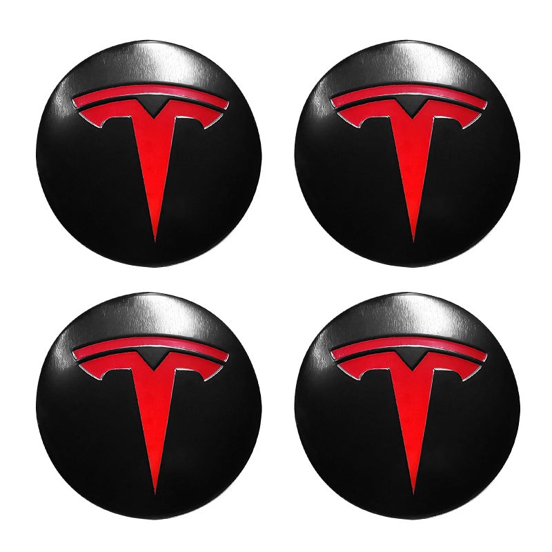 Knomix 4 عبوات من الألومنيوم المقاوم للماء لغطاء العجلة ملصق شعار مركزي لطراز Tesla 3 موديل Y 56 مم Hubcaps غطاء حافة العجلة (خلفية سوداء غير لامعة + شعار أحمر) - Image 1